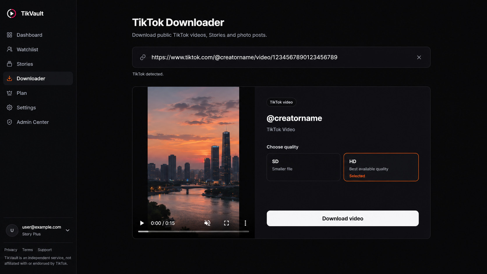 The TikVault downloader with a pasted TikTok link and a video preview ready in the best available quality.